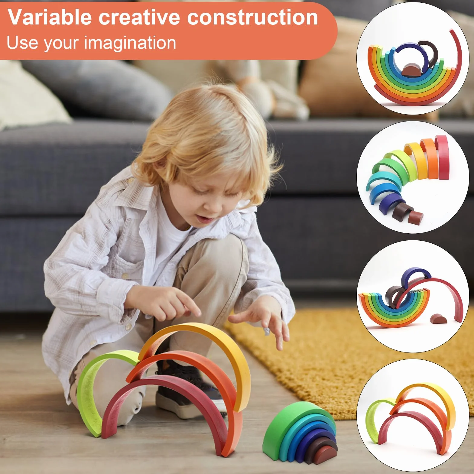 Blocs de construction en bois arc-en-ciel empilables pour enfants 10 couleurs