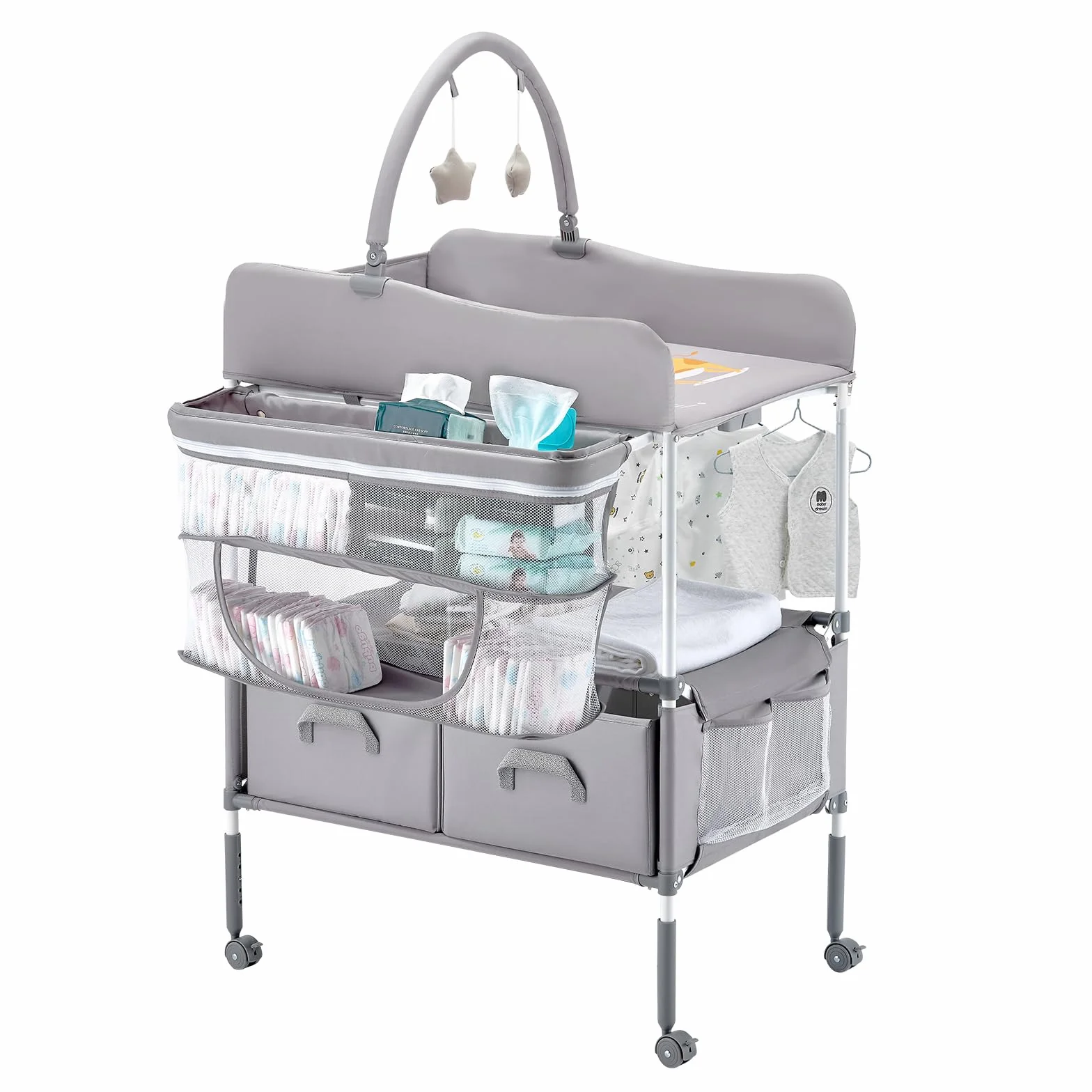 VEVOR Table à langer bébé pliable 2 tiroirs en tissu hauteur réglable roulettes verrouillables