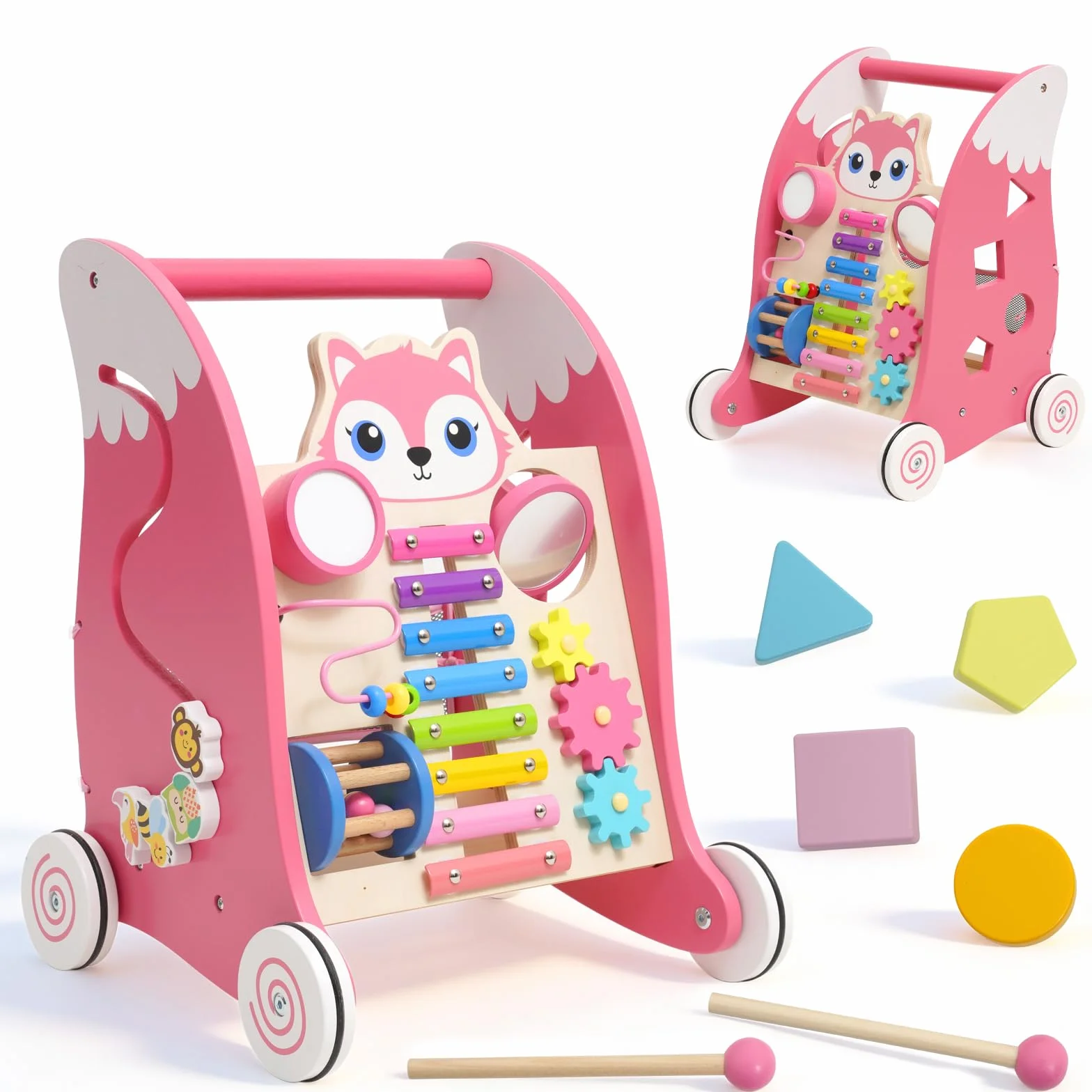 Chariot de Marche Bébé avec Xylophone, Instruments de Musique et Jeu d'Association de Formes, Trotteur Bébé Fille, Jouet Montessori Centre d'Activités Multifonctionnel pour Bébés de 6 Mois et Plus, Rose