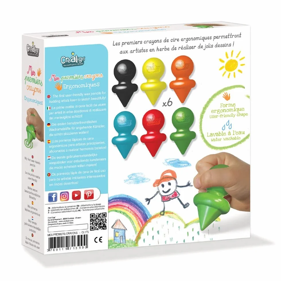 Créa Lign' 1ers Crayons de Cire Ergonomiques 6 Couleurs Dès 12 Mois