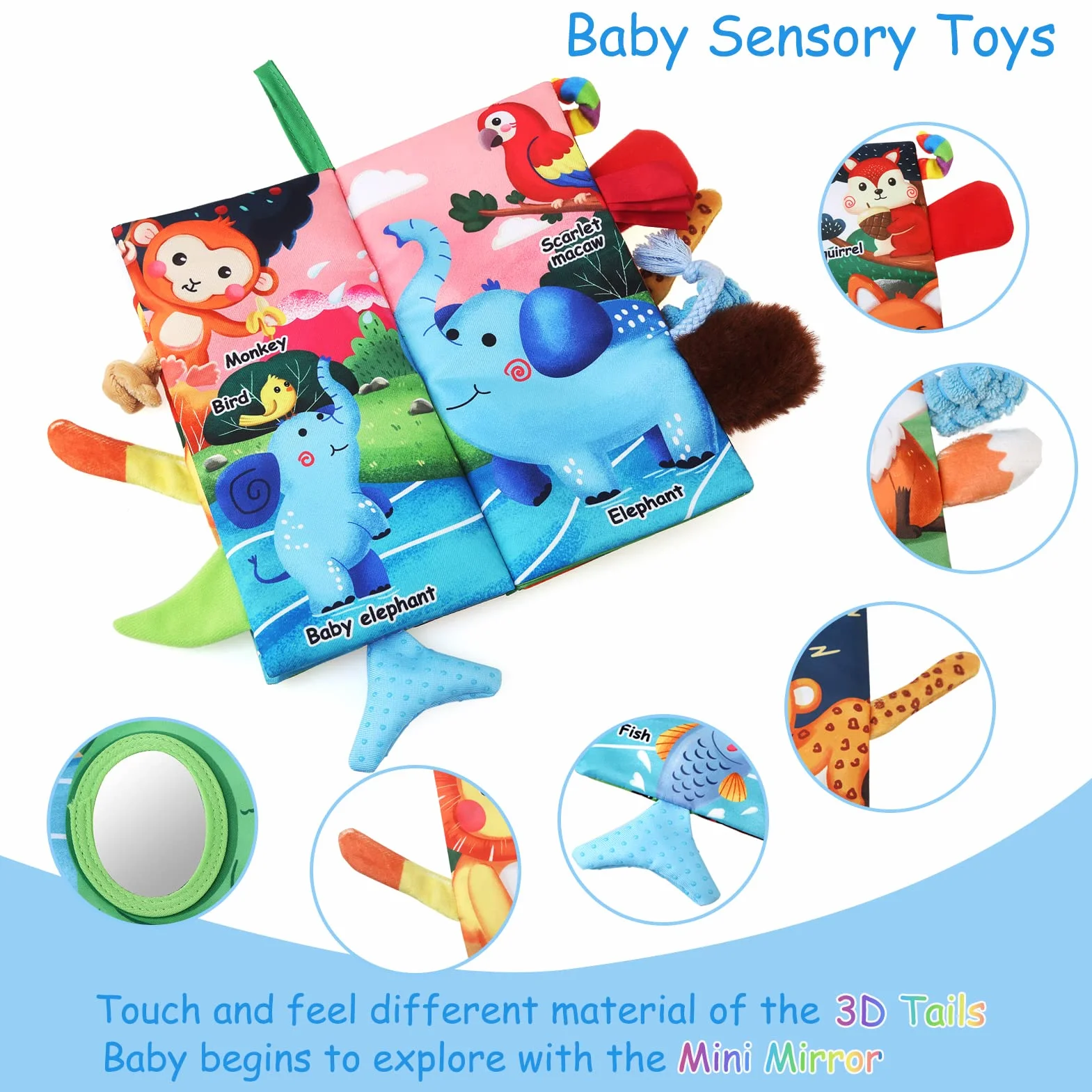 JoyPlus Jeux Montessori Bebe Eveil 0-12 Mois, Jouets Livre Tissu Sensoriels Animaux avec Miroir