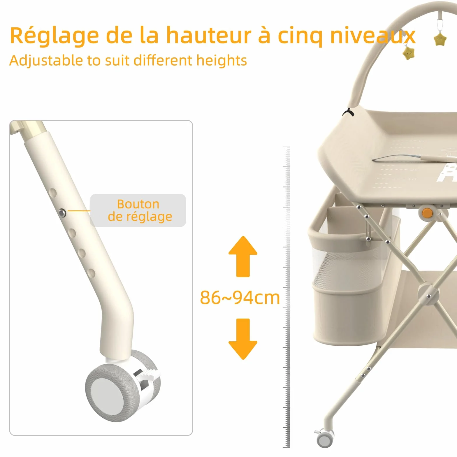 OHMG Table à Langer Pliable avec Panier Latéral et Roulettes, 5 Réglable en Hauteur, 75x68x83-91cm
