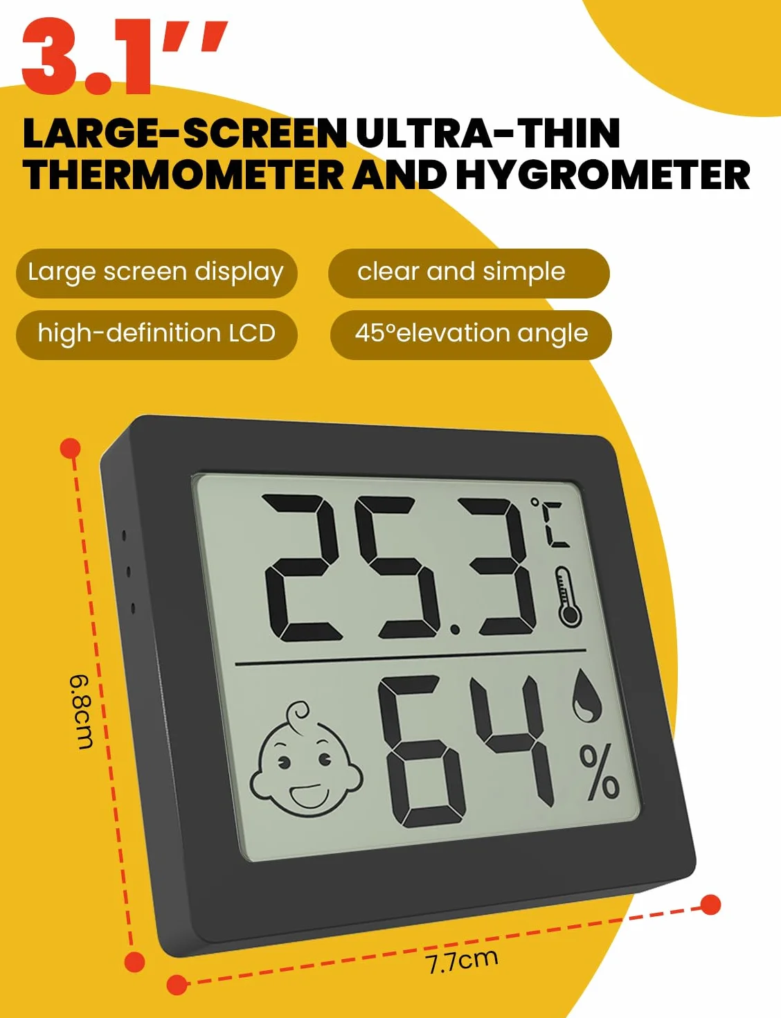 Thermomètre hygromètre ultra-fin grand écran 3,1 pouces numérique température humidité noir