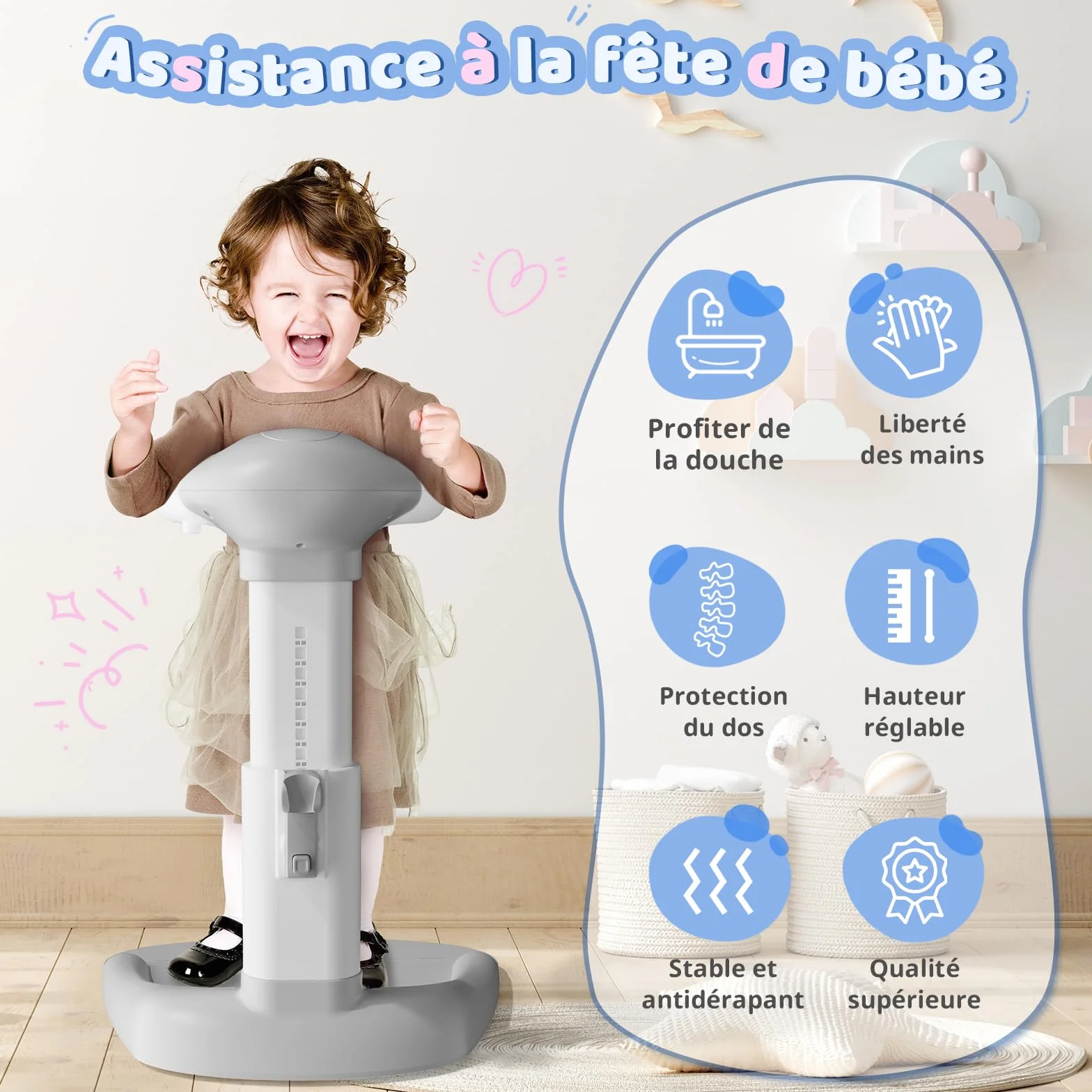 COOSEYA® Baignoire bébé avec support de douche réglable anti-pincement pour bébé debout