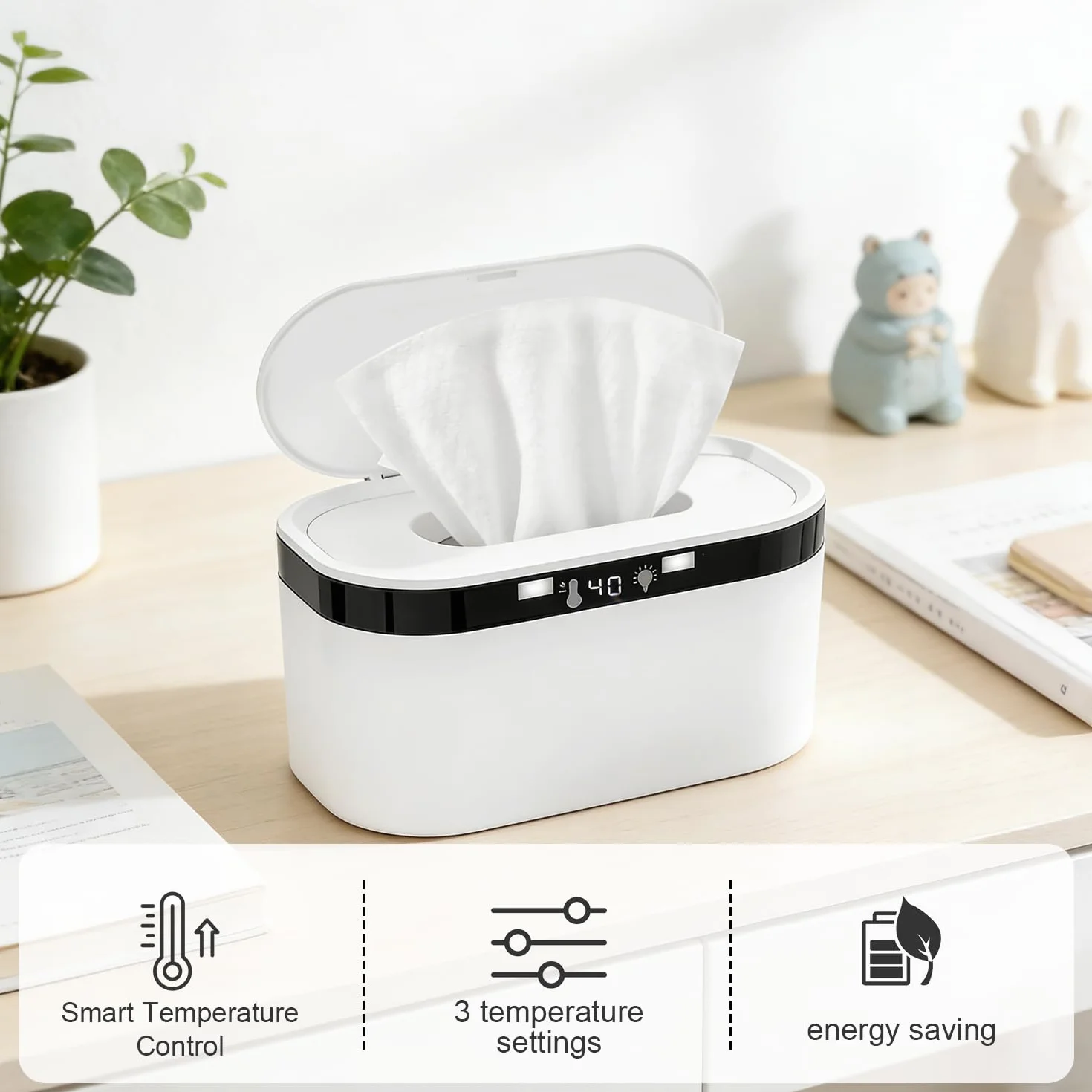 Chauffe-lingettes humides bébé 3 niveaux chauffage température constante 10W USB veilleuse LED grande capacité