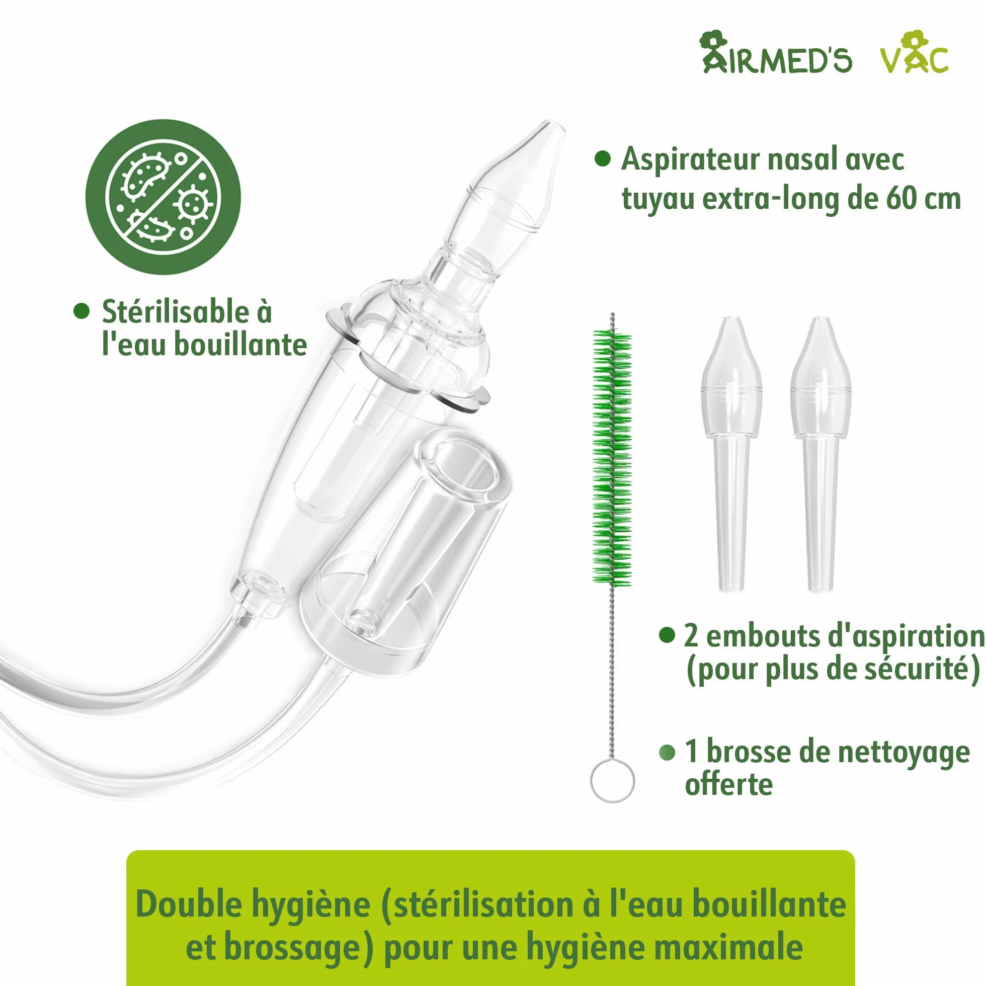 Airmed's Aspirateur Nasal Bébé - Testé Cliniquement, Sûr et Doux - Nez Dégagé en 3 Secondes - 2 Embouts + Brosse