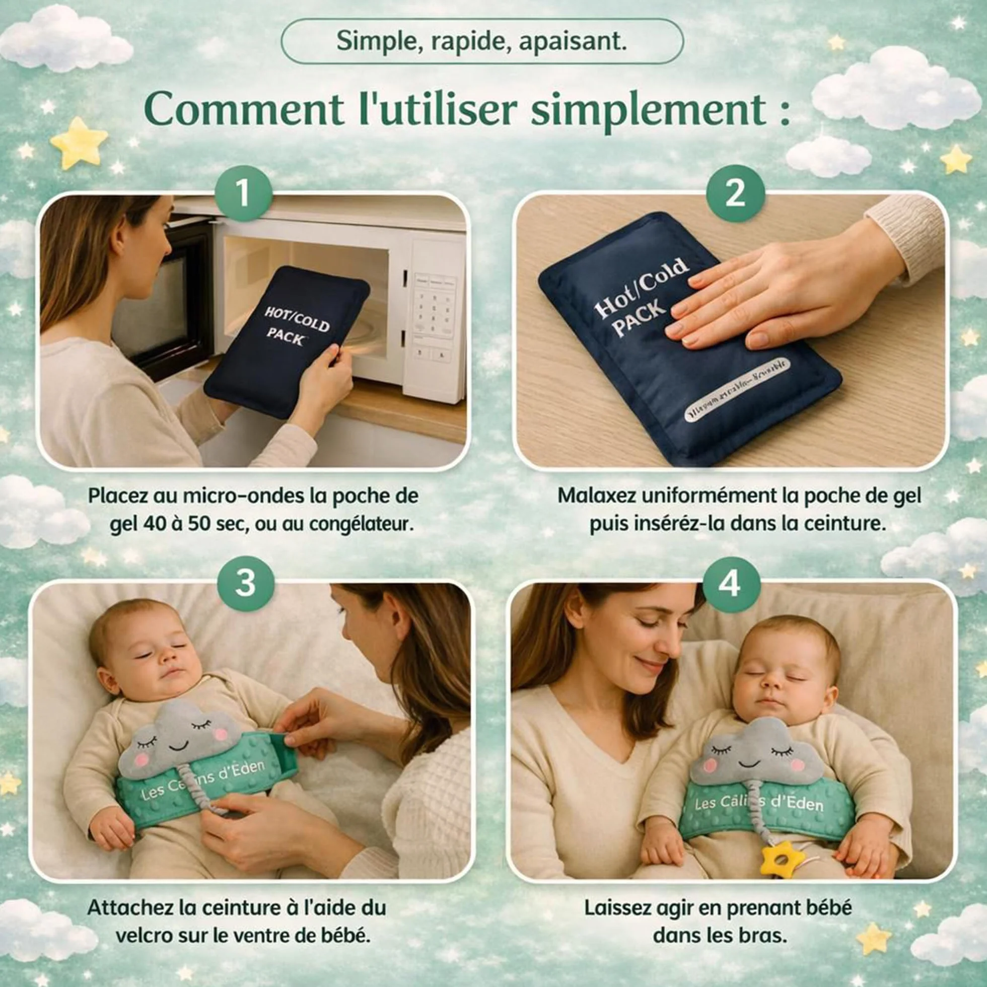 Ceinture bouillotte bébé anti-coliques poche gel chaud/froid doudou musical amovible anneau dentition silicone étoile housse satin Certifiée CE