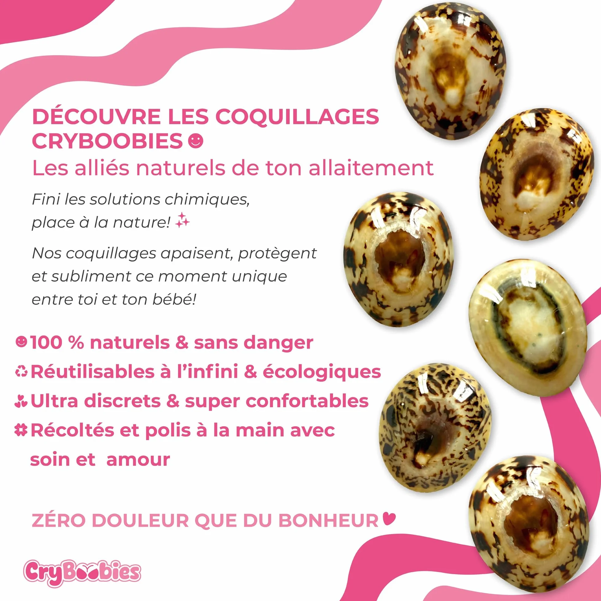 Coquillages d'allaitement + 4 Coussinets + Collier + Bracelet Quartz Rose - Cadeau fête des mères