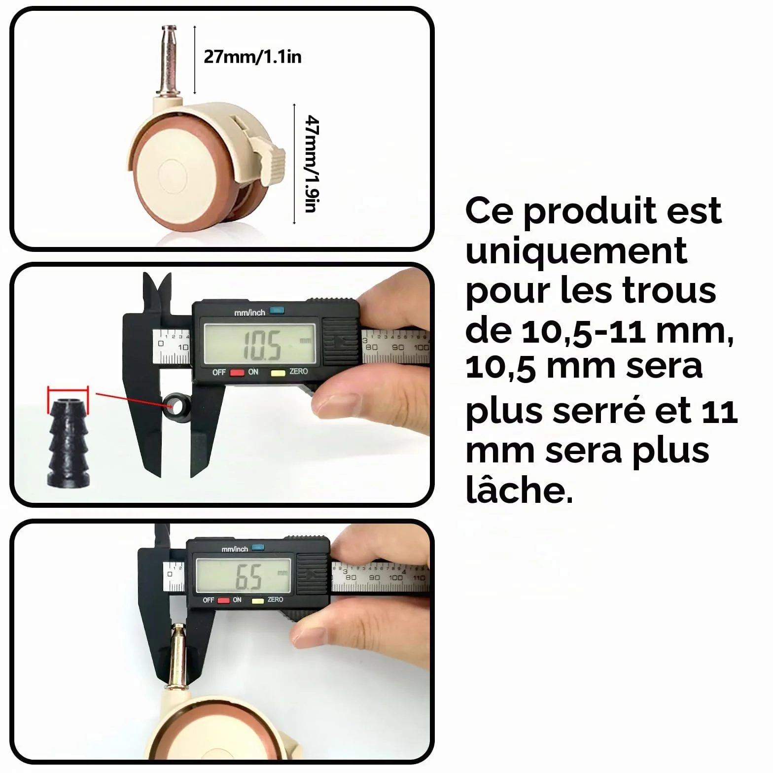 ZoeTekway Jeu de 4 roulettes pivotantes silencieuses en caoutchouc avec frein pour meubles d'enfants 10,5 mm
