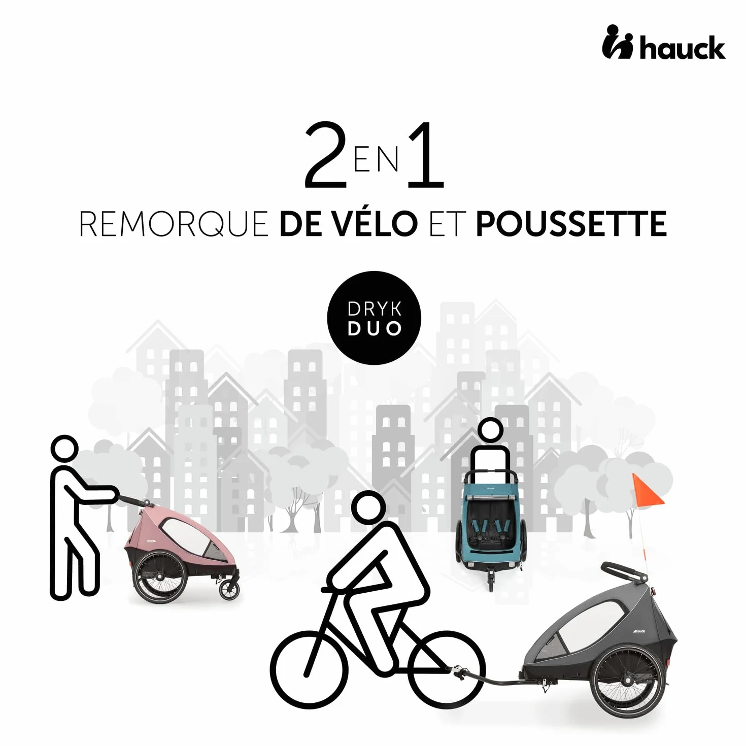 Hauck Remorque Velo Poussette 2 Enfants 2-en-1 Dryk Duo Pliable Coffre XL Gris
