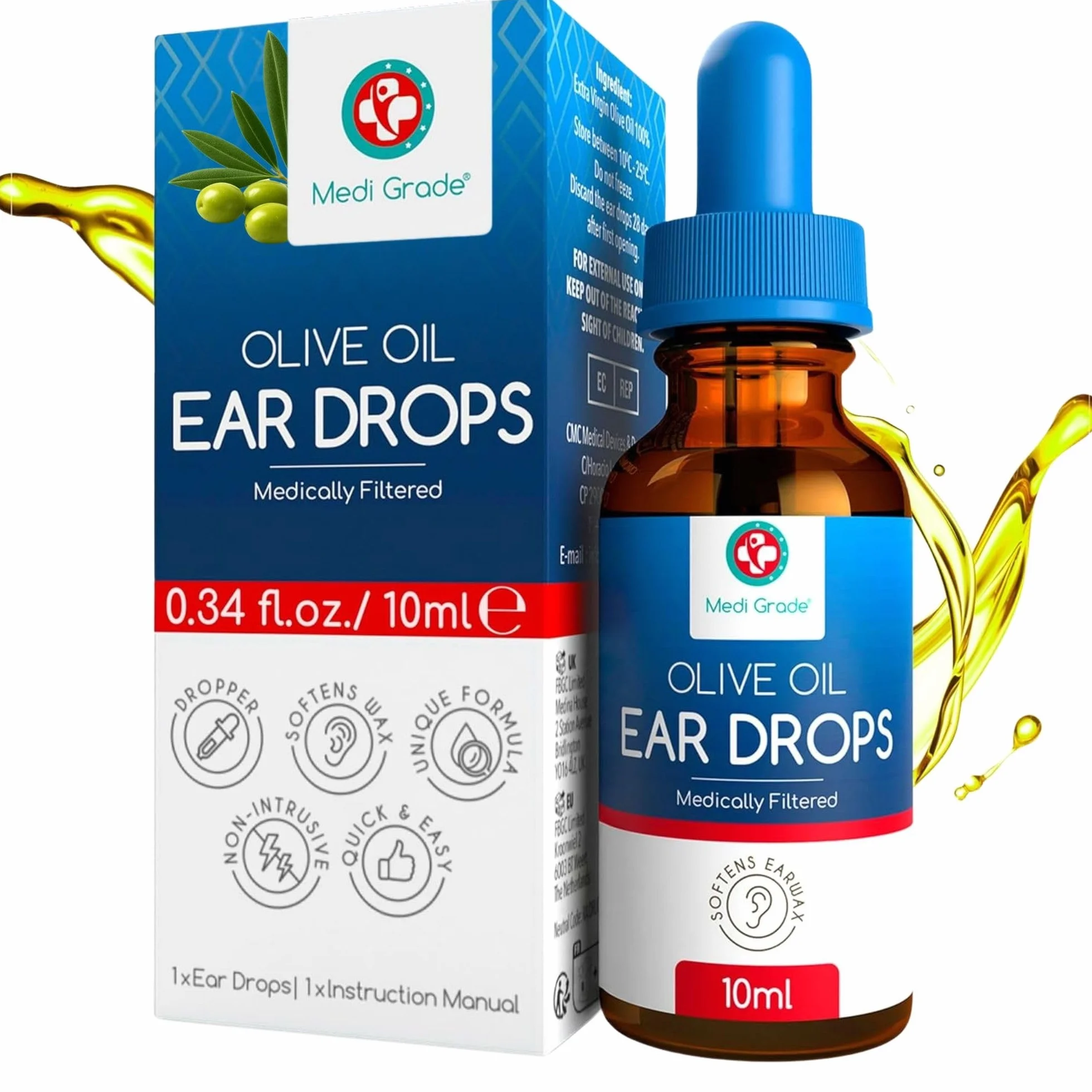 Medi Grade Gouttes Oreilles Huile d'Olive 100% Pure Qualité Médicale 10 mL - Fluidifie Élimine Cérumen Oreille