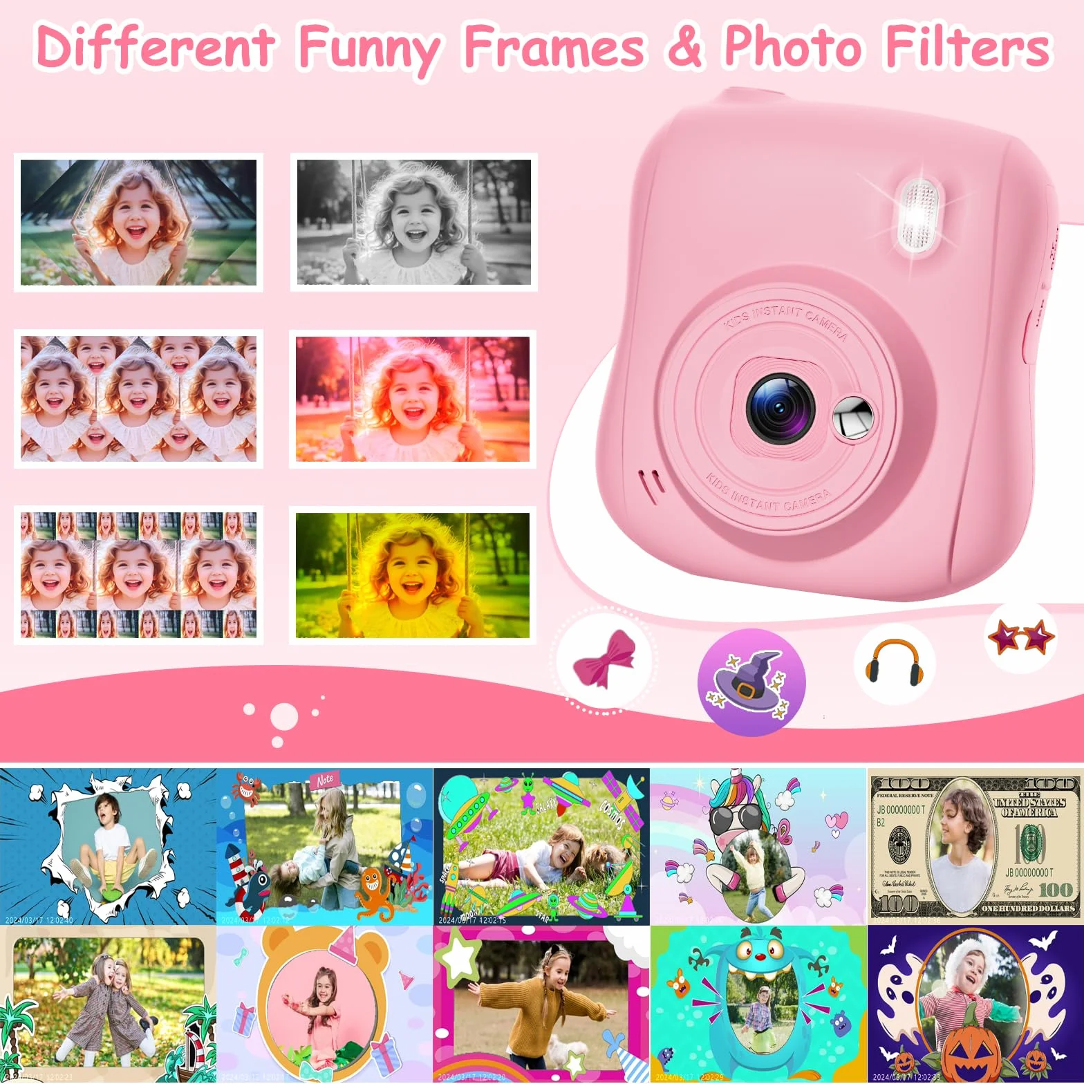 Appareil Photo Instantané Enfant 2,0 Pouces Écran HD avec Carte 32GB et 3 Rouleaux Papier Impression Cadeau Jouet Garçons Filles 3-10 Ans Rose