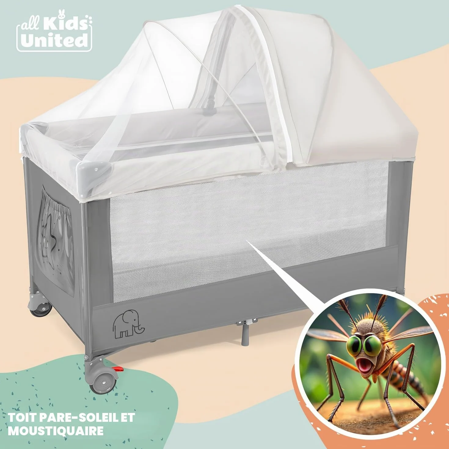 Lit de Voyage pour Bébé Deluxe all Kids United avec Matelas à Langer et Mobile Gris