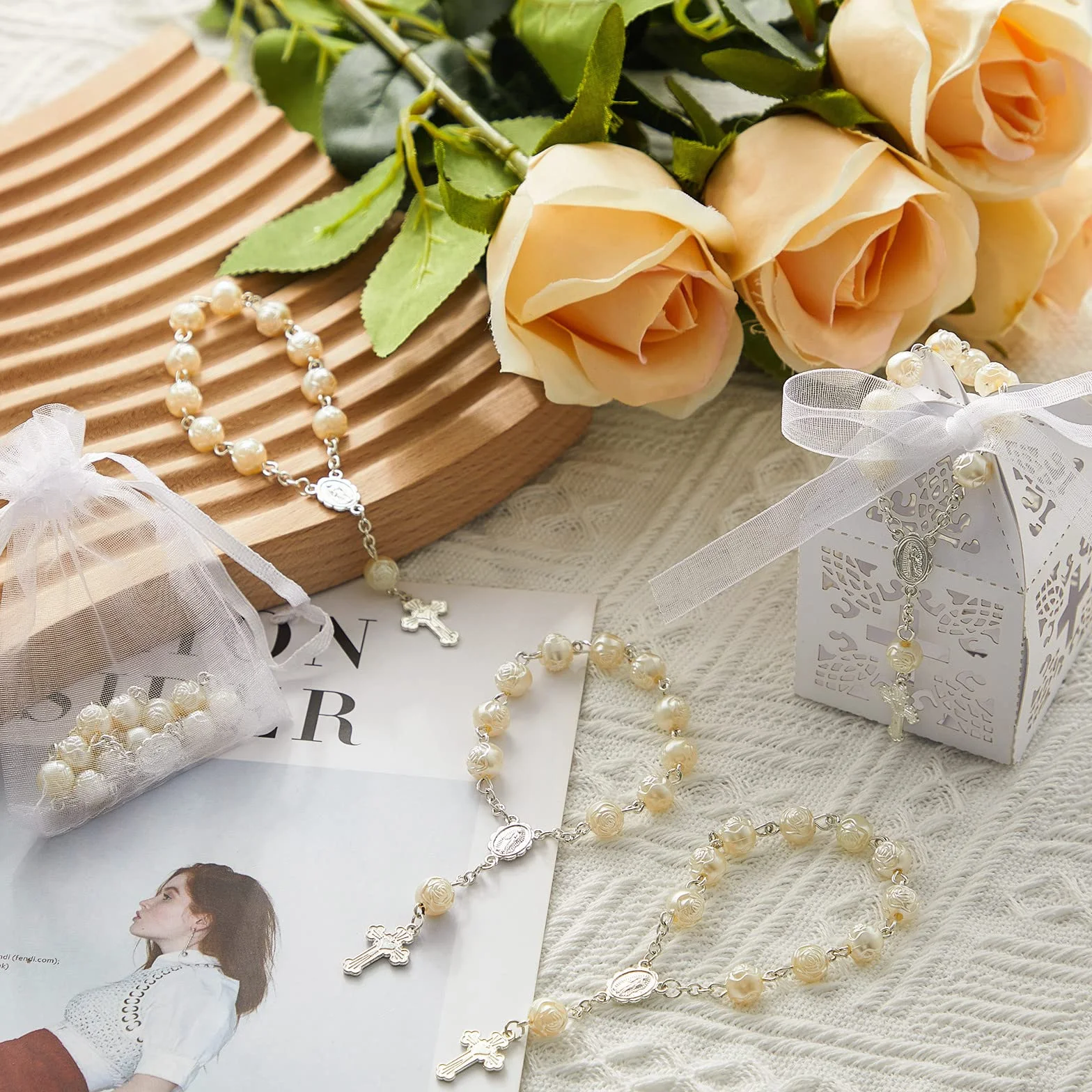 50 Paquets 150 Pièces Cadeau Bapteme Communion Mariage 50 Mini Chapelet Catholique Sacs Organza Boîte Dragées
