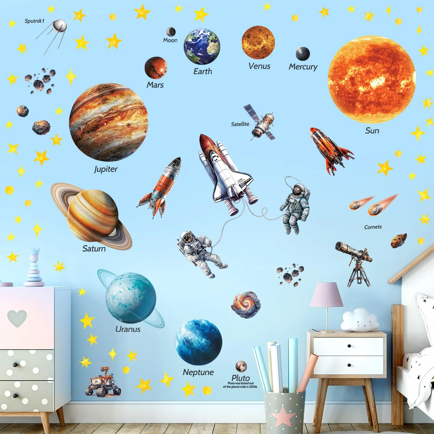 DECOWALL DS12-8077 Autocollants muraux système solaire amovibles brillent dans la nuit pour enfants