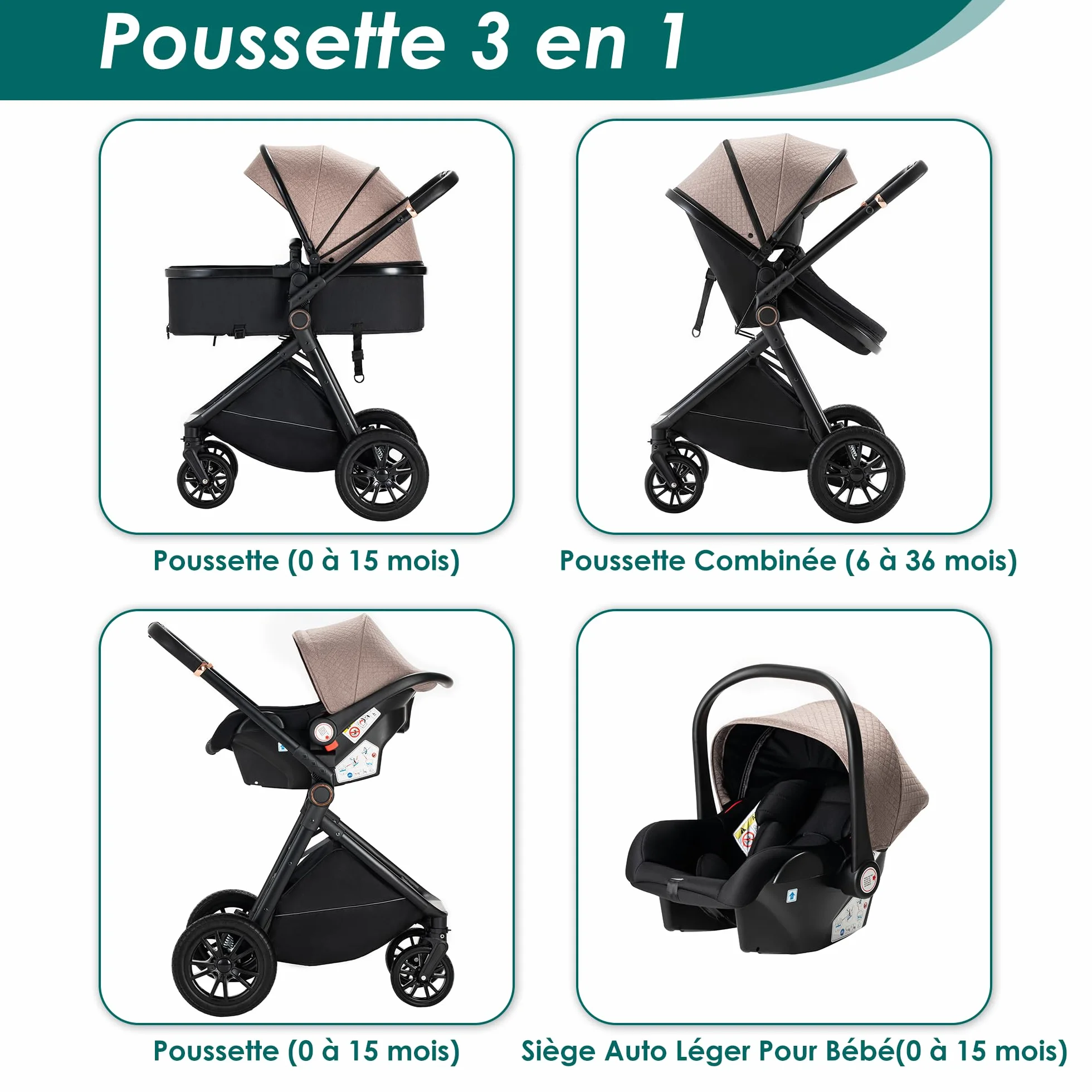 Poussette 3 en 1 Siège Auto Léger Bébé Pliable 0-36 Mois Kaki