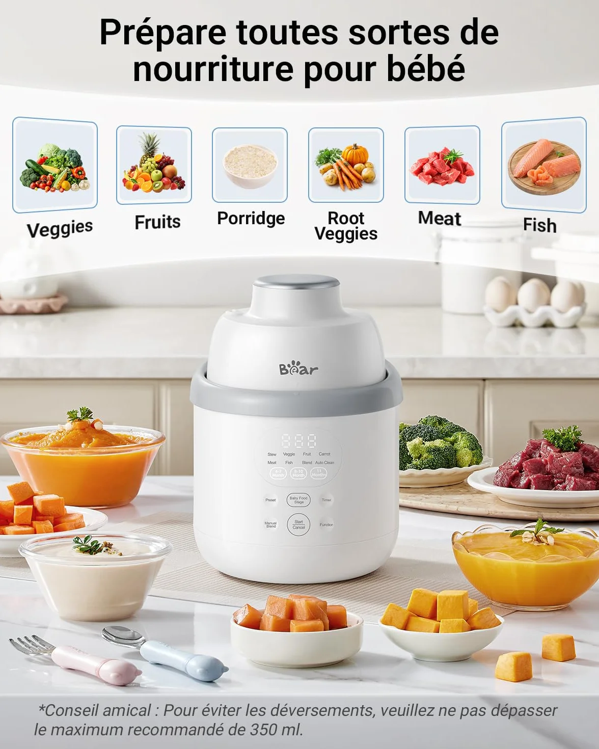 Bear NutriEase AllStage Robot Cuiseur Bébé Multifonctions 10 en 1 Acier Inoxydable, Cuiseur Vapeur Mixeur OneStep, Sans BPA