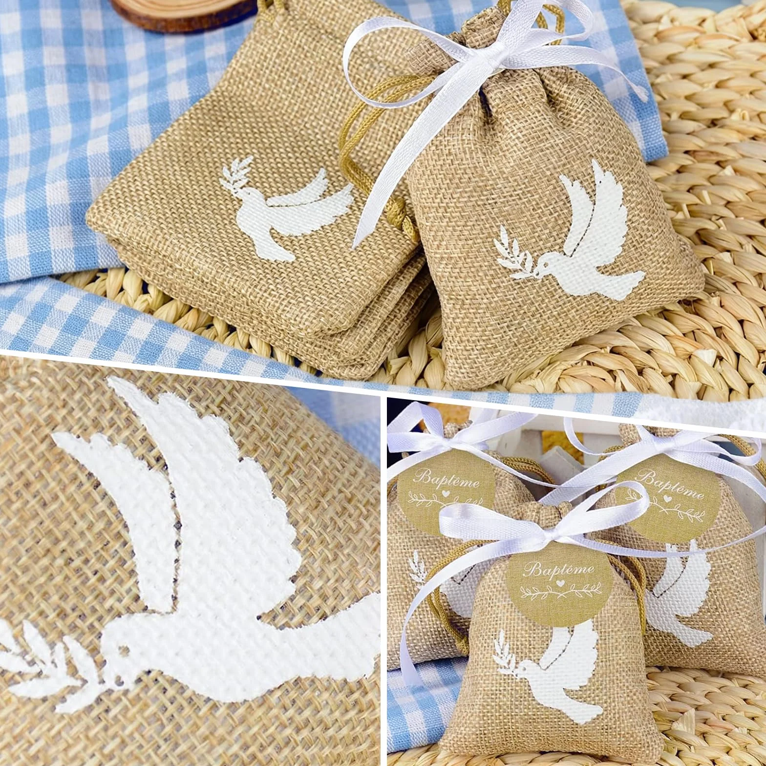 FINEVERNEK 20PCS Sachets Dragées Baptême avec Étiquettes et Ruban Blanc Pochette Dragée Motif Colombe