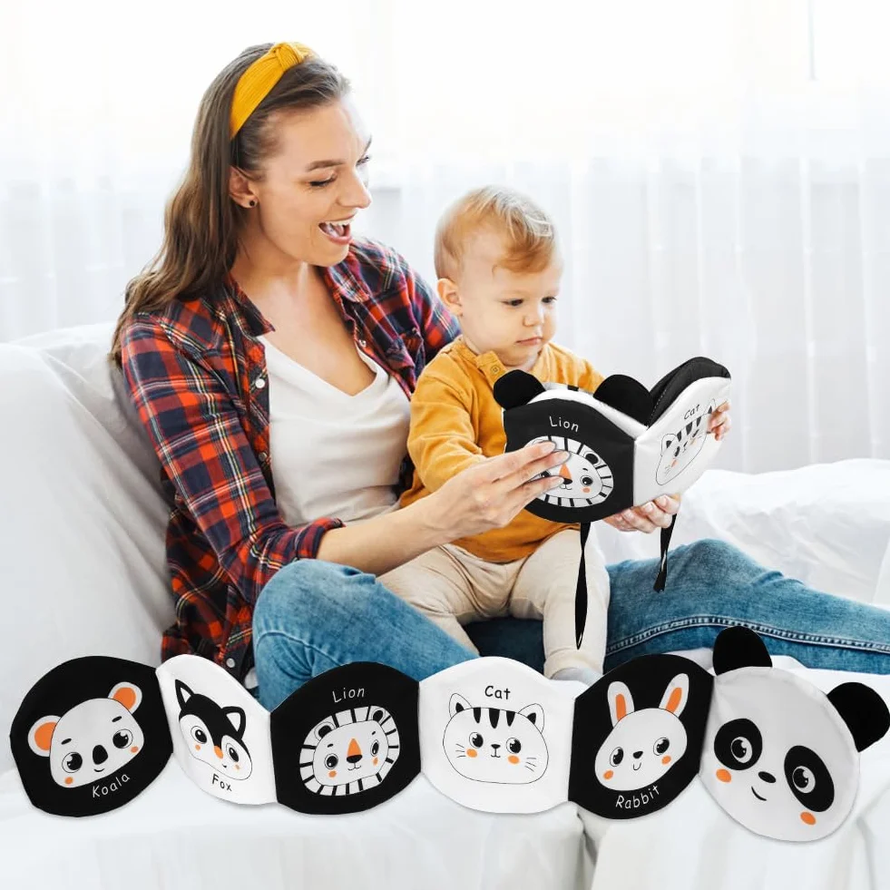HOTUT Livre Tissu Bébé Eveil, Livre Doux Froissé 3D Noir et Blanc Montessori, Sensoriel 6-12 Mois, Cadeau Naissance Garçon Fille Double Face