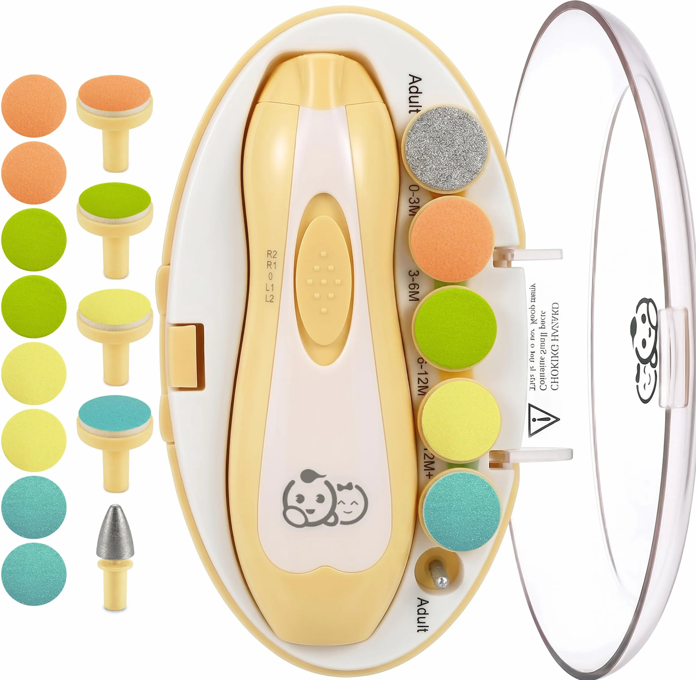 Royal Angels Coupe-ongles bébé 21 en 1 électrique, soin des ongles, 13 outils, coupe et vernis (Jaune)