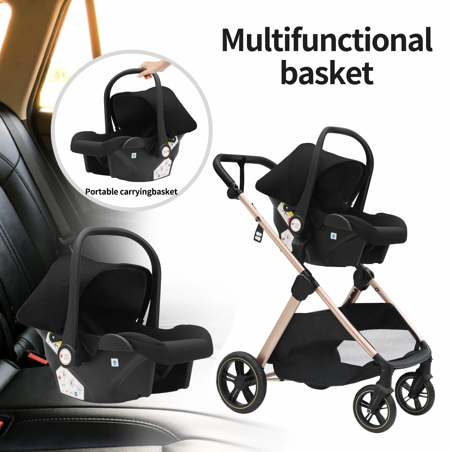 Poussette 3 en 1 Système de Voyage Pliable Pneus Caoutchouc 0-4 Ans