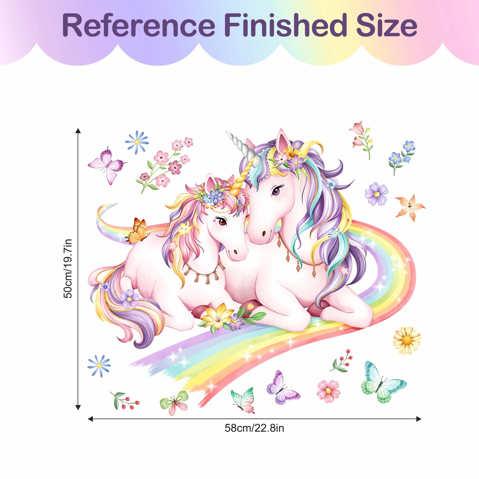 Autocollant Muraux Licorne Arc-en-ciel Fleur Papillons pour Chambre Enfants