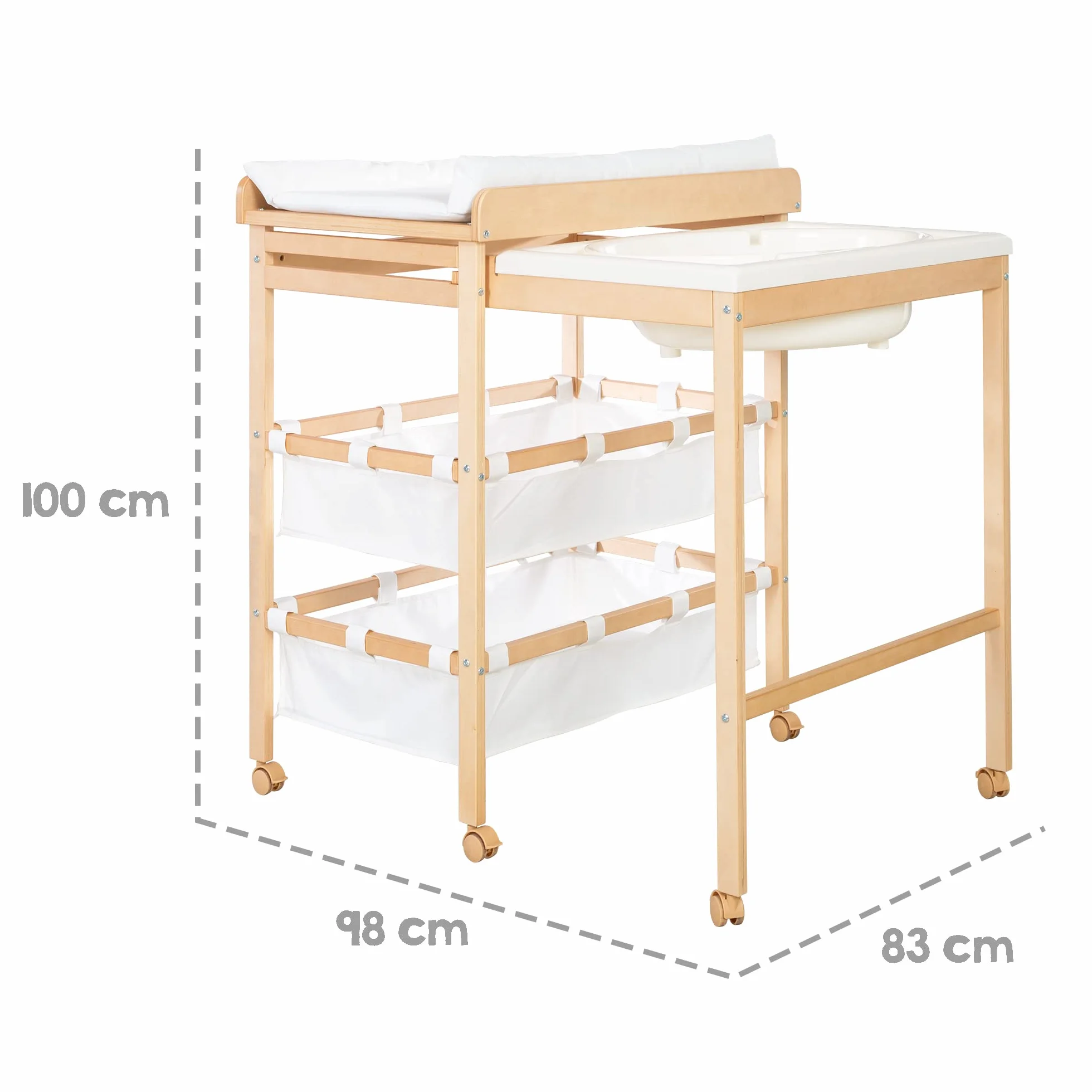 Table à Langer avec Baignoire Coulissante Baby Pool 2EN1 Matelas Imperméable Blanc 2 Compartiments Rangement Bois Naturel