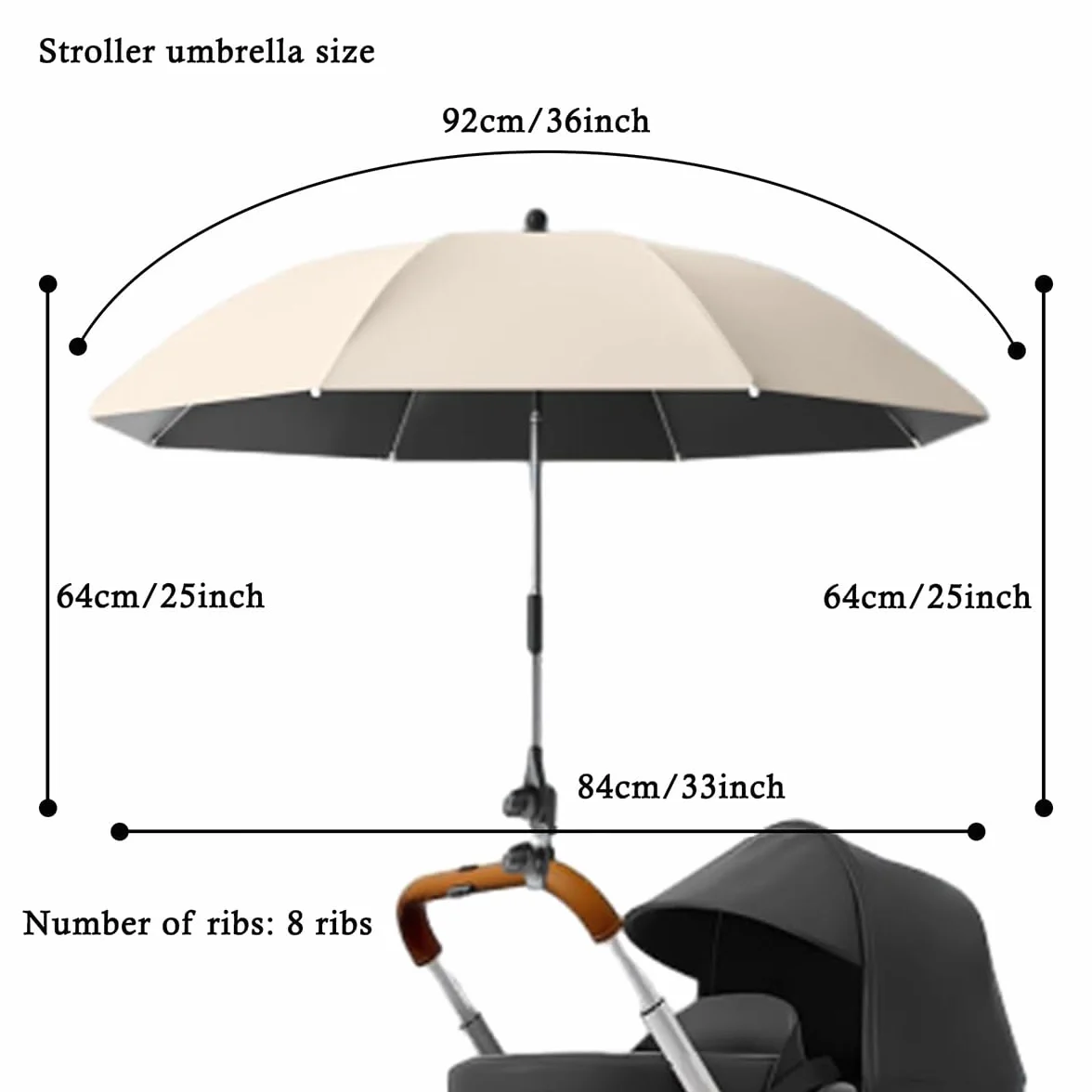 Ombrelle Poussette Universelle Anti UV 50+ Diamètre 85 cm Parasol Réglable Beige
