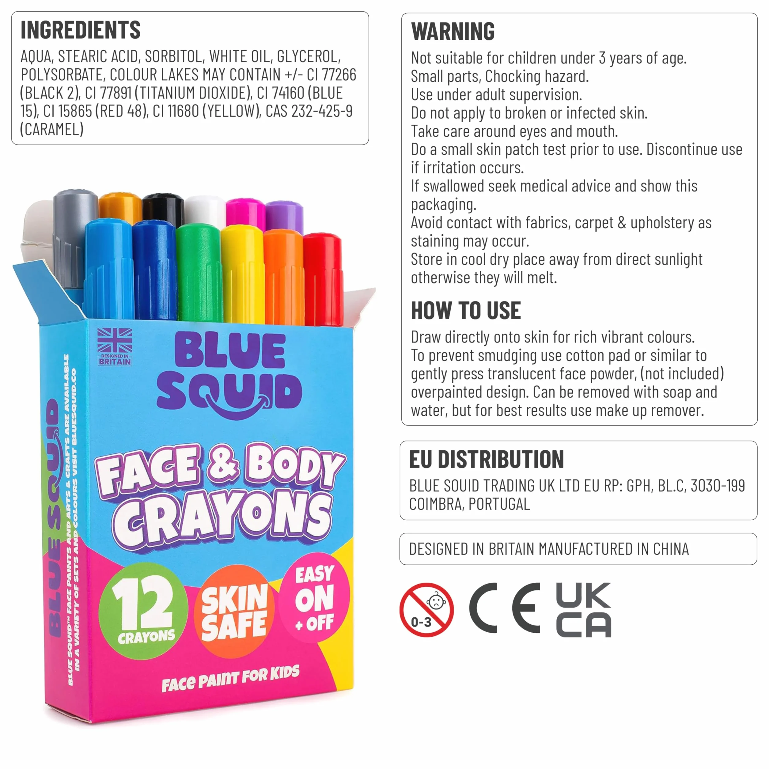 Blue Squid Crayons de Peinture Visage pour Enfants - Kit 12 Couleurs Vives, Mines Extensibles, Sûr Peau Sensible