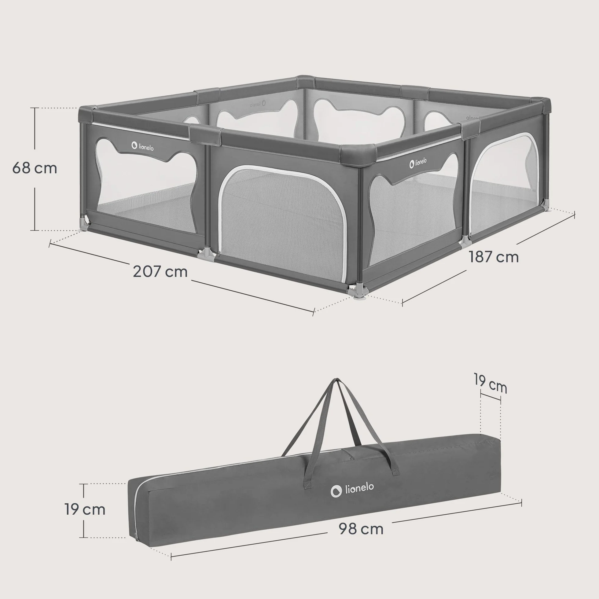 LIONELO WILLOW XL Parc Bébé Pliable 187x207x68 cm 0-48 mois Gris