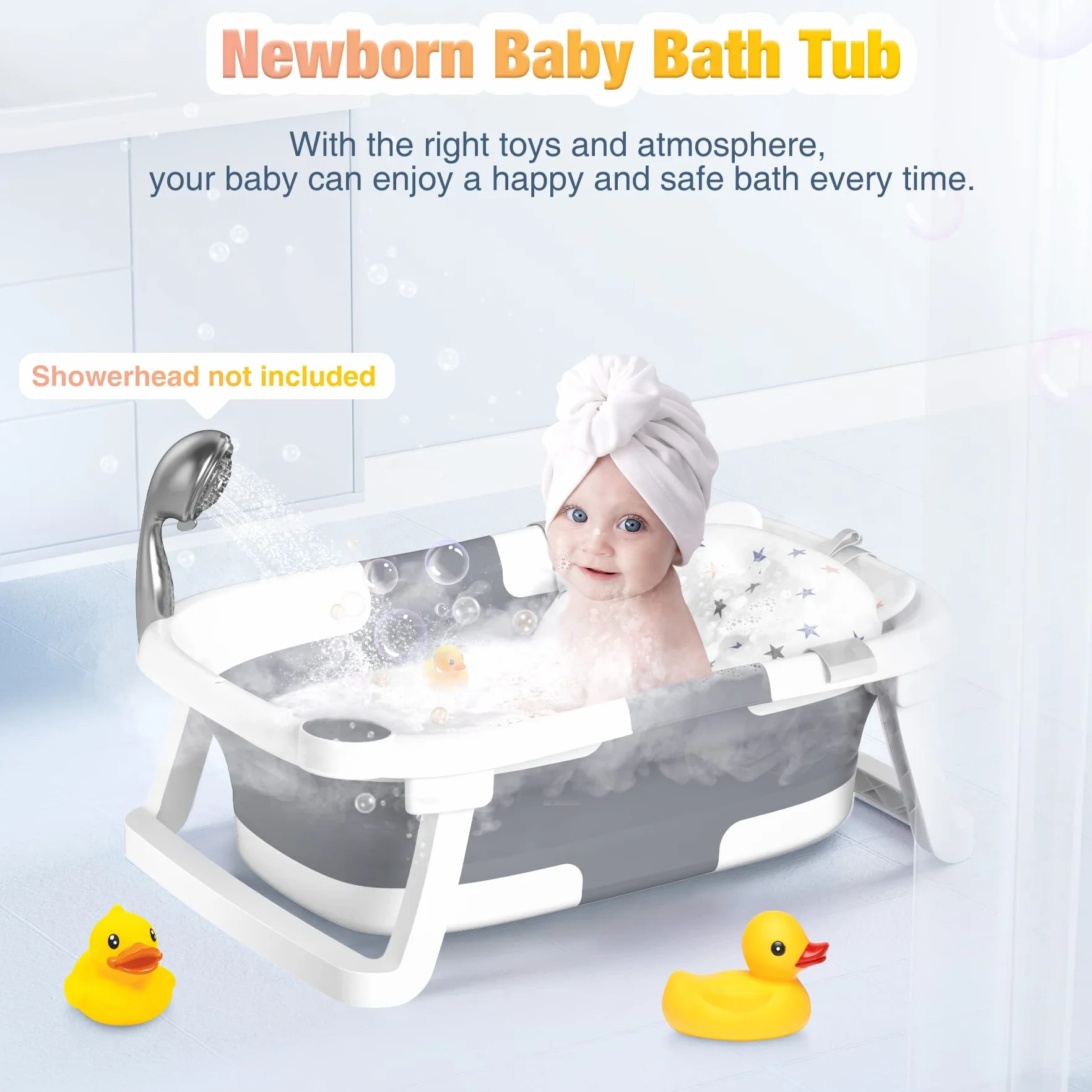 Baignoire Bébé Pliable Antidérapant avec Tapis et Trous de Drainage pour Nouveau-Nés et Tout-Petits Gris