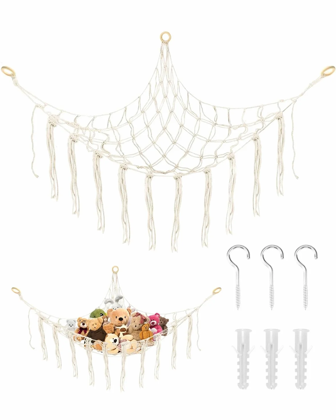 Hamac pour animaux en peluche Rangement de jouets Filet avec 3 crochets Décoration murale chambre d'enfant