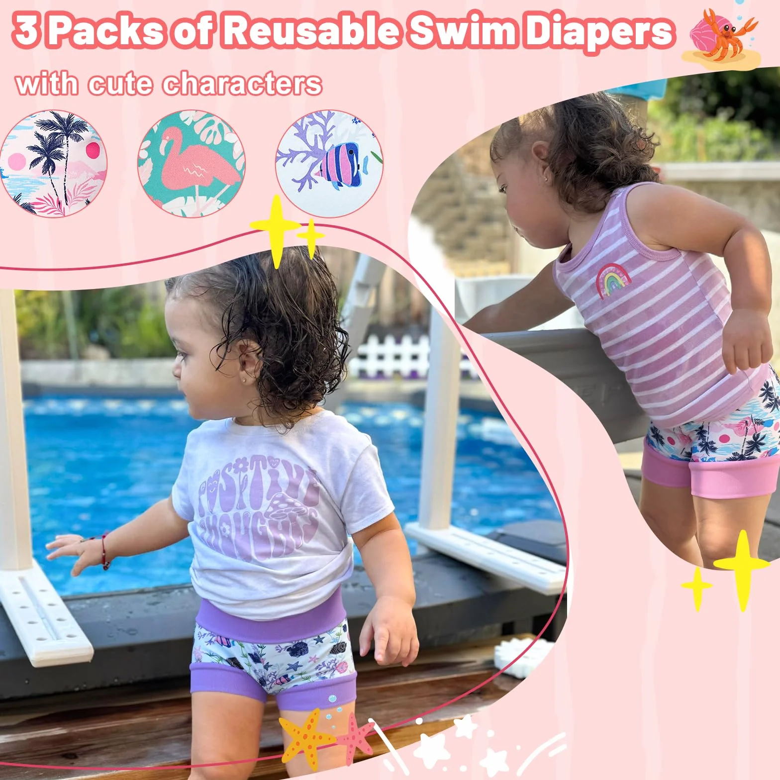 Couches de Bain Lavable et Réutilisables Lot de 3 pour Enfants, Couche Piscine Bébés, Trio tropical, 4-5 Ans