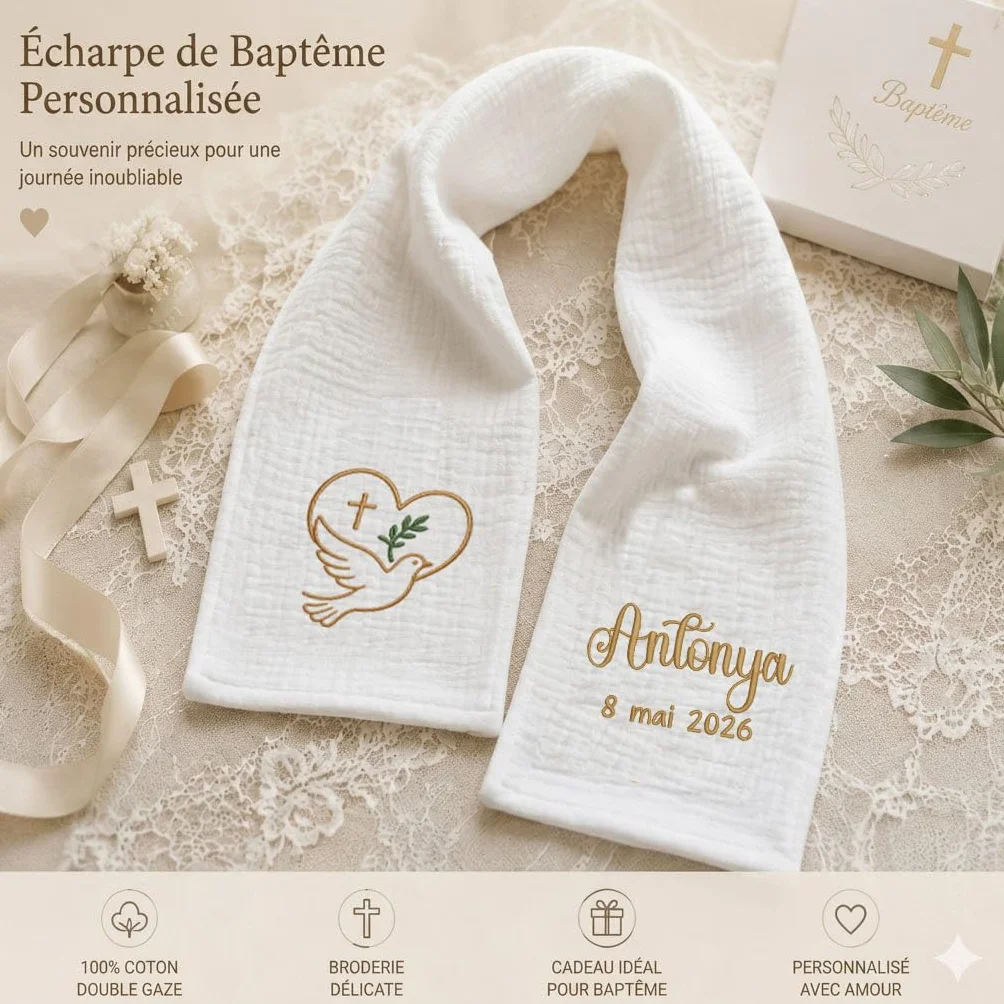 Écharpe de Baptême Personnalisée Bébé avec Broderie Prénom et Date – Double Gaze de Coton – Cadeau Baptême Garçon Fille