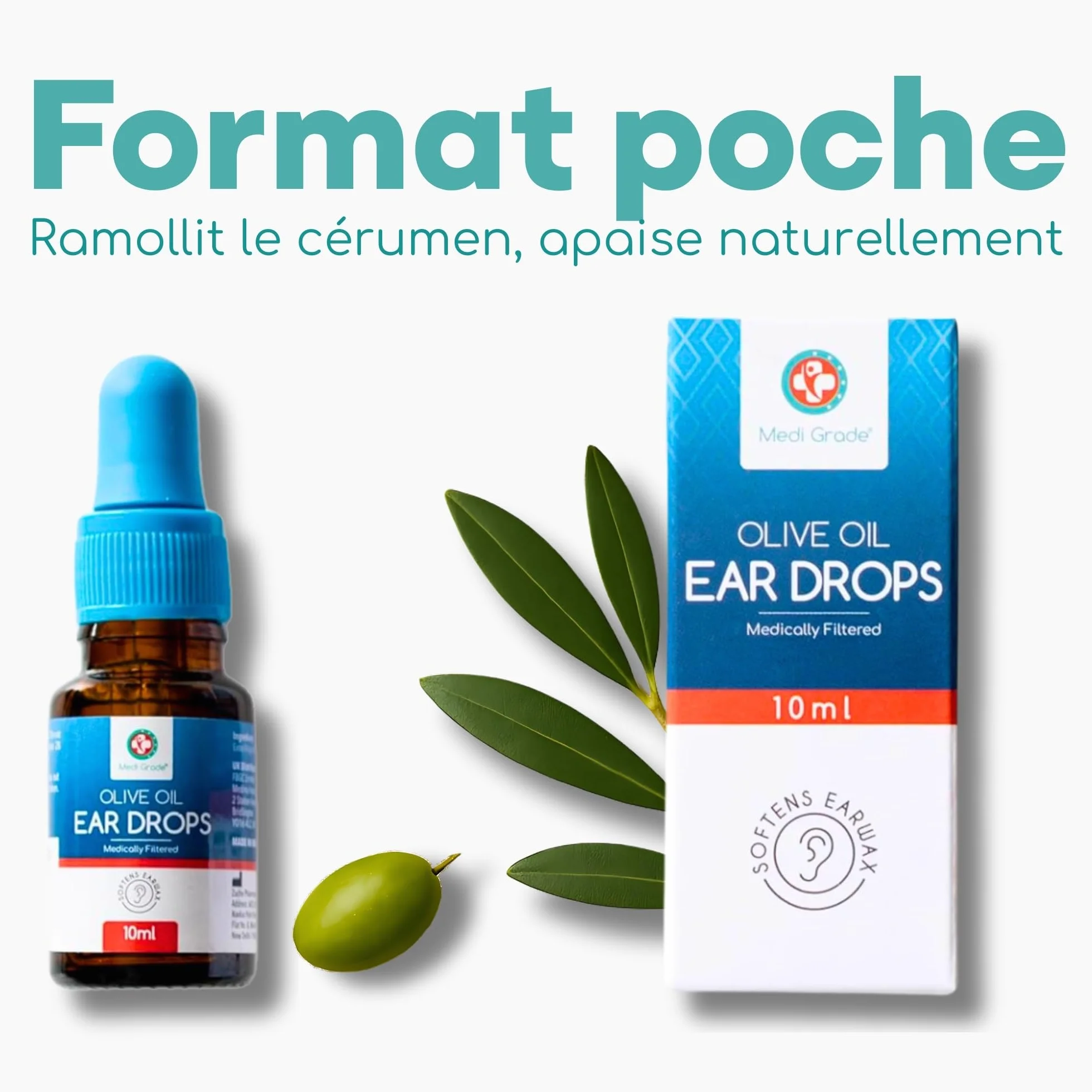 Medi Grade Gouttes Oreilles Huile d'Olive 100% Pure Qualité Médicale 10 mL - Fluidifie Élimine Cérumen Oreille