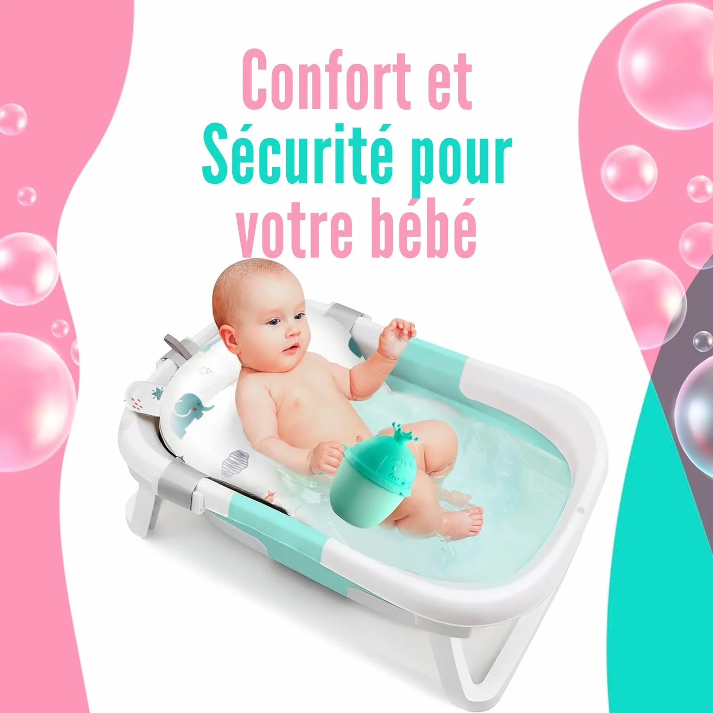 Coussin de Bain Bébé Universel avec Pichet - Réducteur Baignoire Antidérapant Matelas Doux (Blanc)