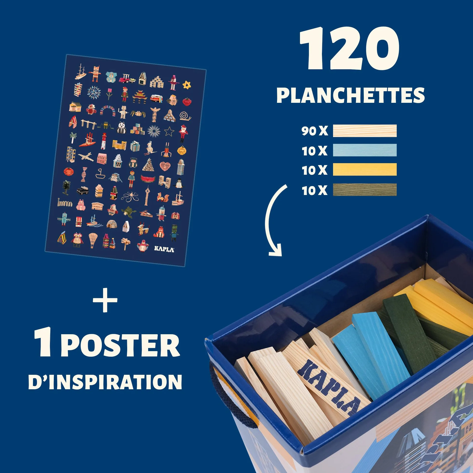 KAPLA Jeu de Construction 120 Planchettes Bois Colorés Nature Bleu Clair Jaune Vert
