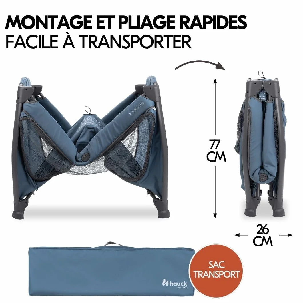 hauck Lit Parapluie Bébé avec Matelas Play N Relax Center - Lit Voyage Bébé Moustiquaire, Niveau Nouveau-Né, Table à Langer, Roues, Sac Transport, Bleu Foncé