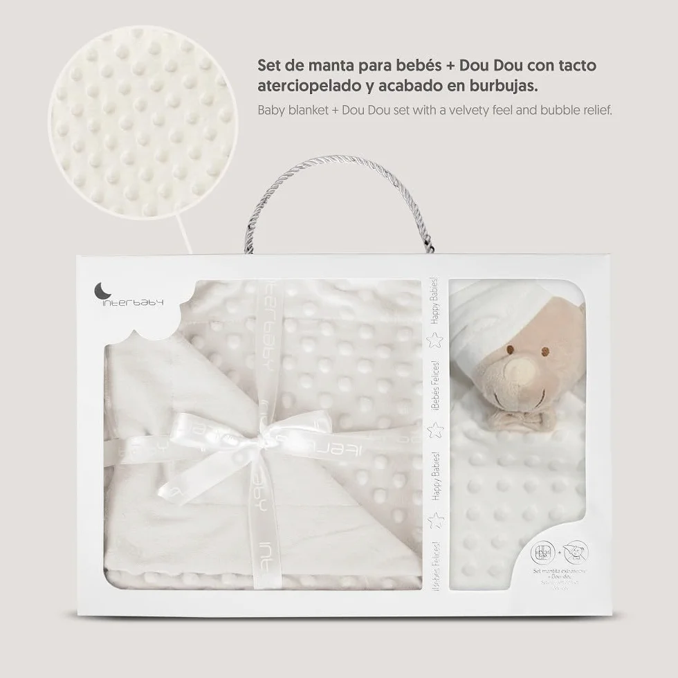 Interbaby Couverture Bébé Naissance Bulles 80x110cm + Peluche Ourson 28x17cm Coffret Cadeau Beige