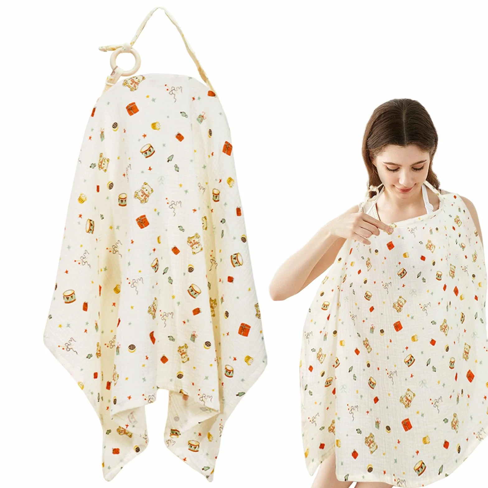Cape Allaitement Bebe 93 x 65 cm Coton Boucle de Fixation Beige Ours