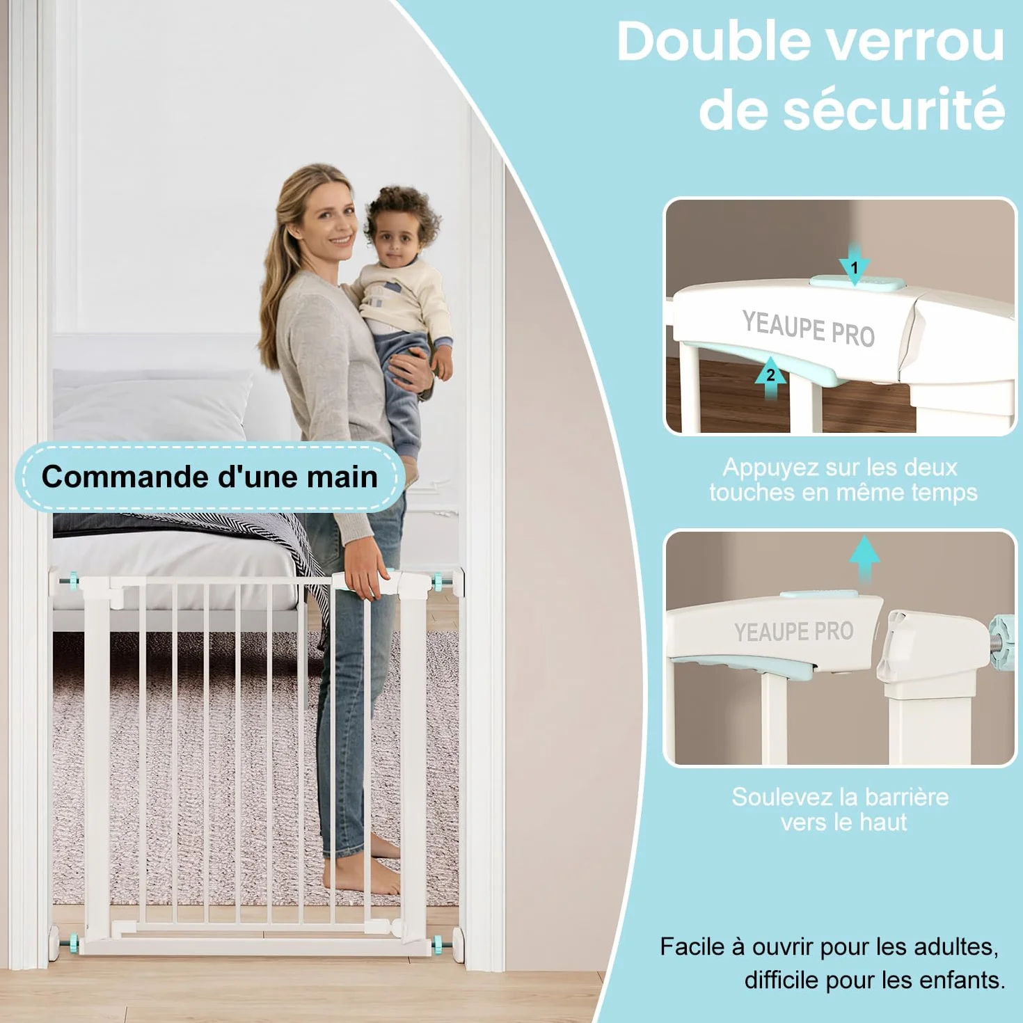 YEAUPE PRO Barrière de Sécurité Enfant 74-78 cm, Barrière Escaliers Portes Pression, Double Verrouillage, Blanc