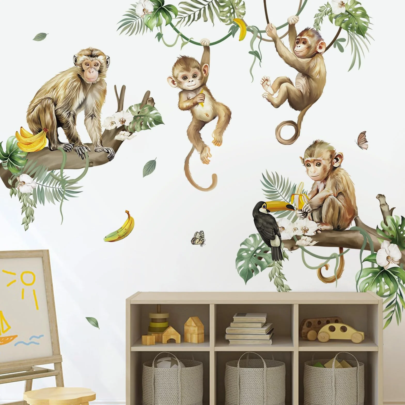 Decalmile Autocollant Mural Animaux Sauvages Singe Jungle Arbre Branche Décoration Murale Chambre Enfants