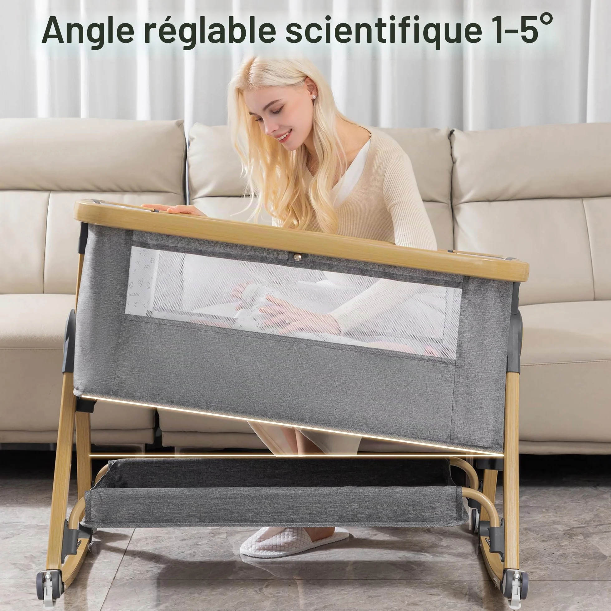 YAZOCO Berceau Bébé 3 en 1 Lit Cododo avec Matelas, Hauteur Réglable 6 Niveaux, Inclinaison 5° Scientifique, Panier Rangement Gris
