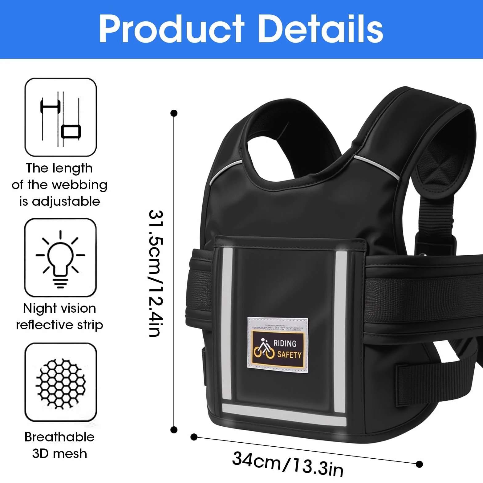 Harnais de Sécurité Moto Enfant Réglable avec Sac et Bandes Réfléchissantes, Ceinture Protection 2-15 Ans
