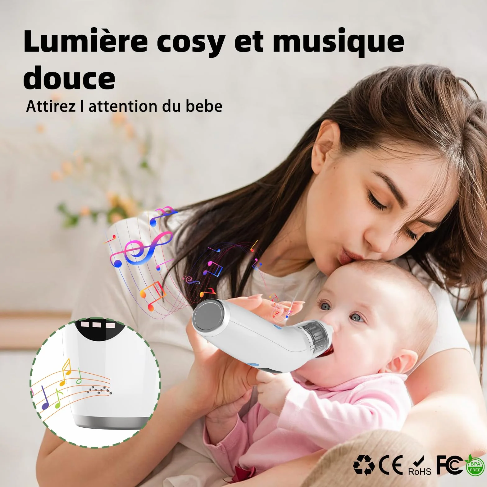 Mouche Bebe Electrique, Mouche Nez Bébé 5 Niveaux Aspiration 3 Tailles Embout Musique Lumière LED Portable