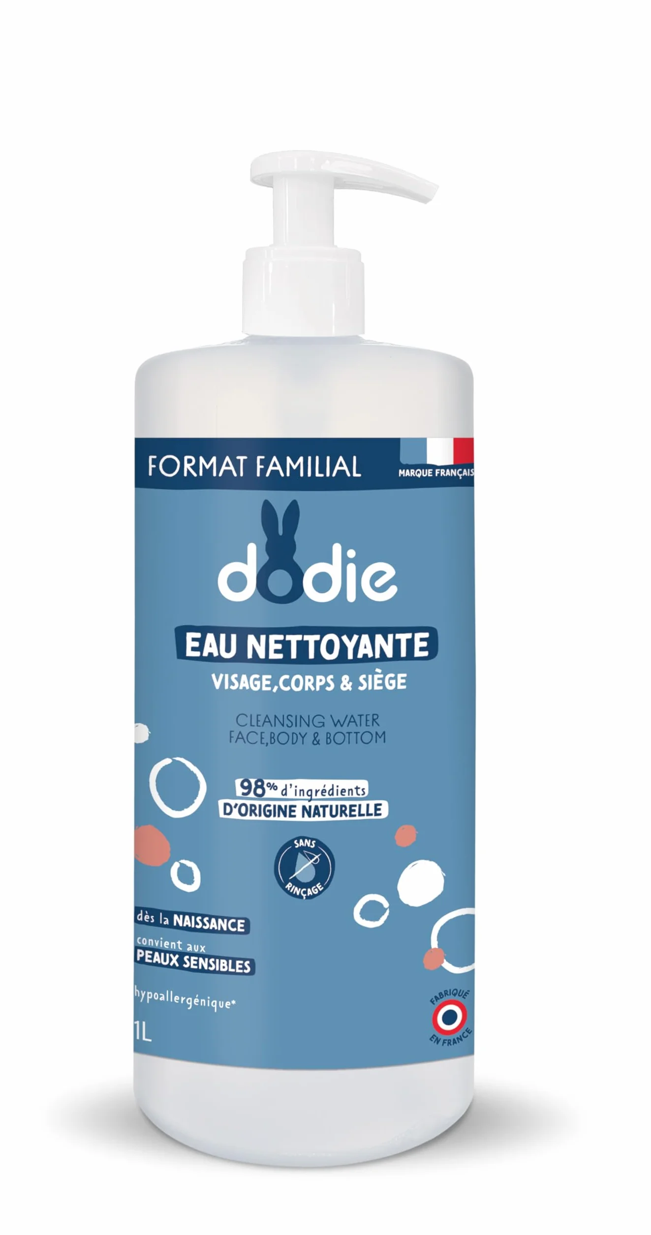 DODIE Eau nettoyante 3 en 1 1L Nettoyant Visage Corps Siège 98% ingrédients naturelle Hypoallergénique