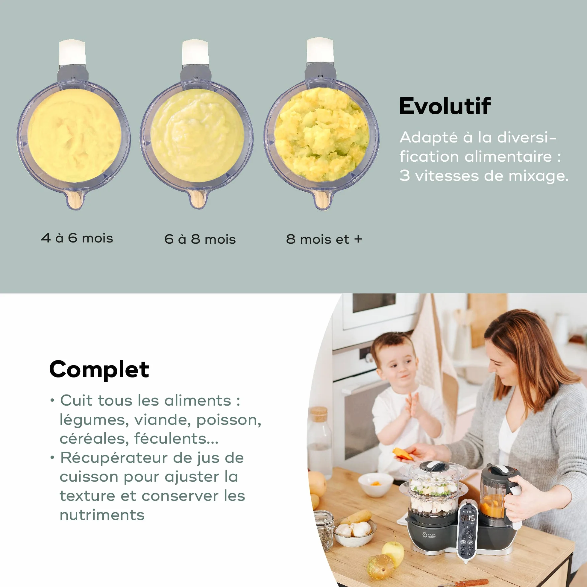 Babymoov Nutribaby+ Robot Cuiseur Bébé Multifonctions 6 en 1, Cuiseur Vapeur Mixeur, Grande Capacité 2,2L, Gris