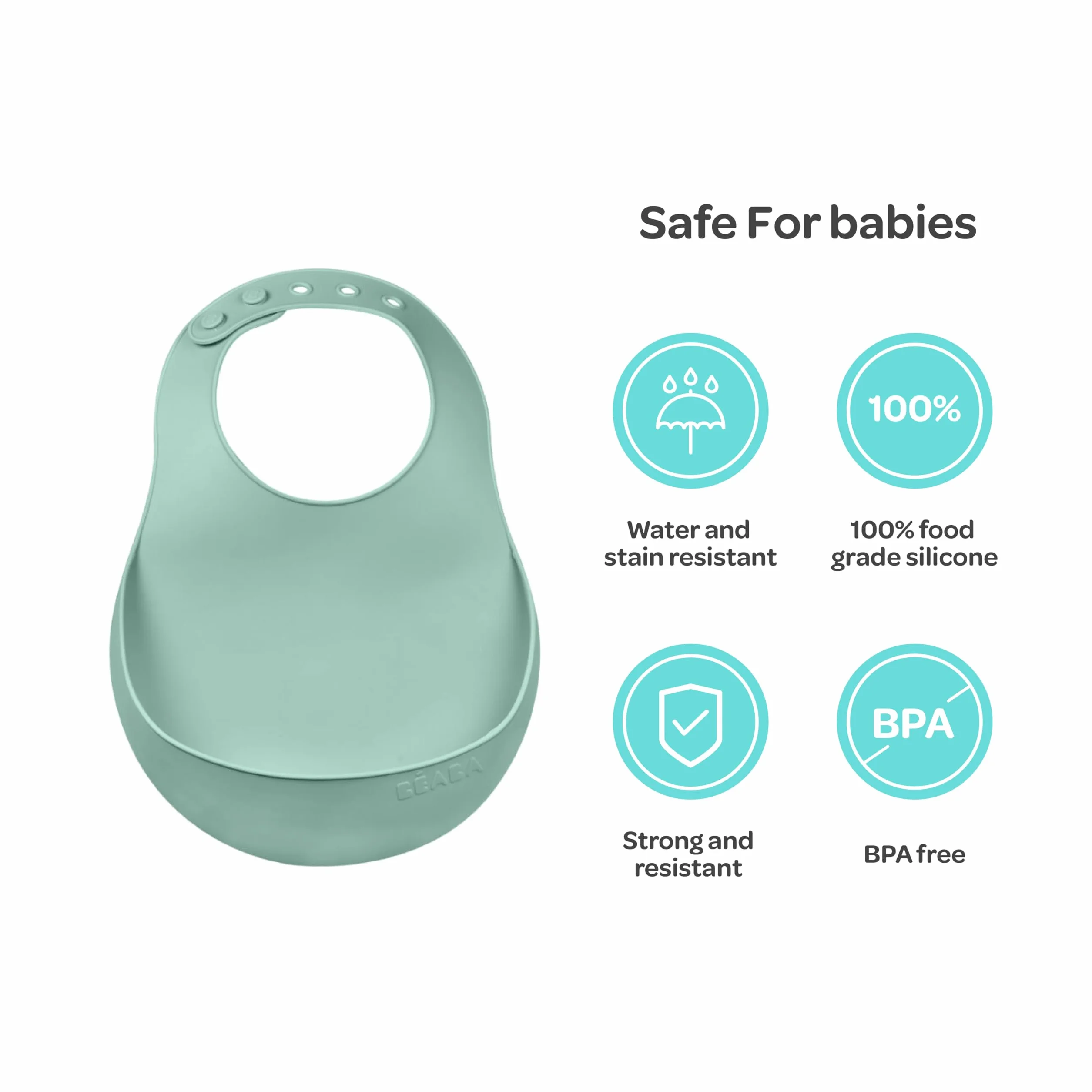 BÉABA Bavoir Bébé Silicone Imperméable Tour de cou ajustable Poche rattrape aliments Vert Sauge