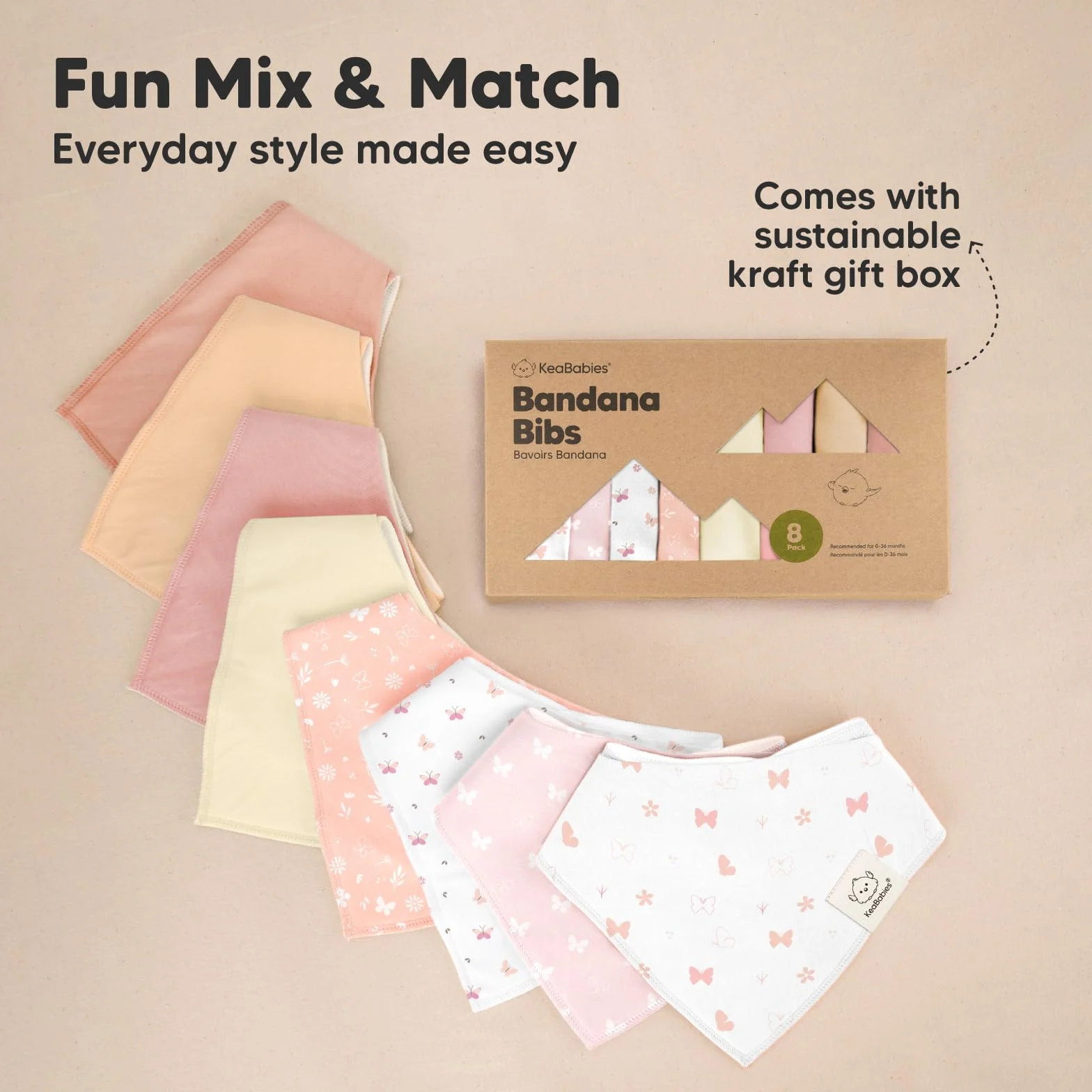 Bavoir Bandana Bio en Coton Doux pour Bébés 8-Pack - Dentition et Bave (Butterflies)
