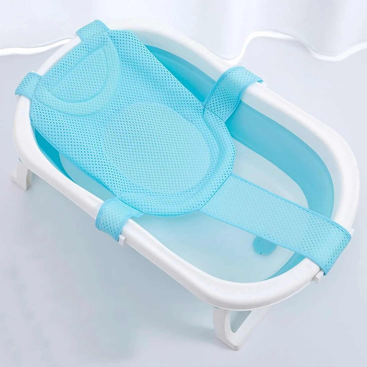 Tapis de Bain Bébé Filet de Bain antidérapant avec Ceinture de sécurité Maille réglable Bleu